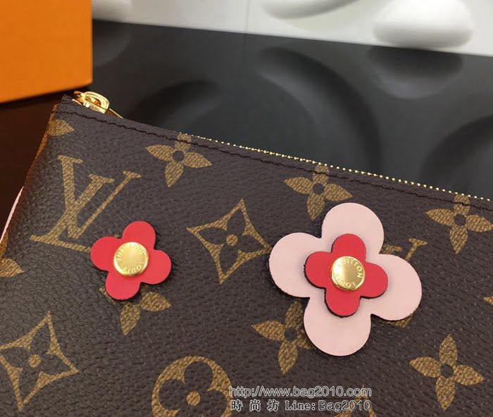 路易威登LV 頂級原單 M63905 粉色Pochette Double Zip鏈條錢夾 Blooming Flowers系列 花朵點綴Monogram 帆布 可手拿斜背  YDH2562